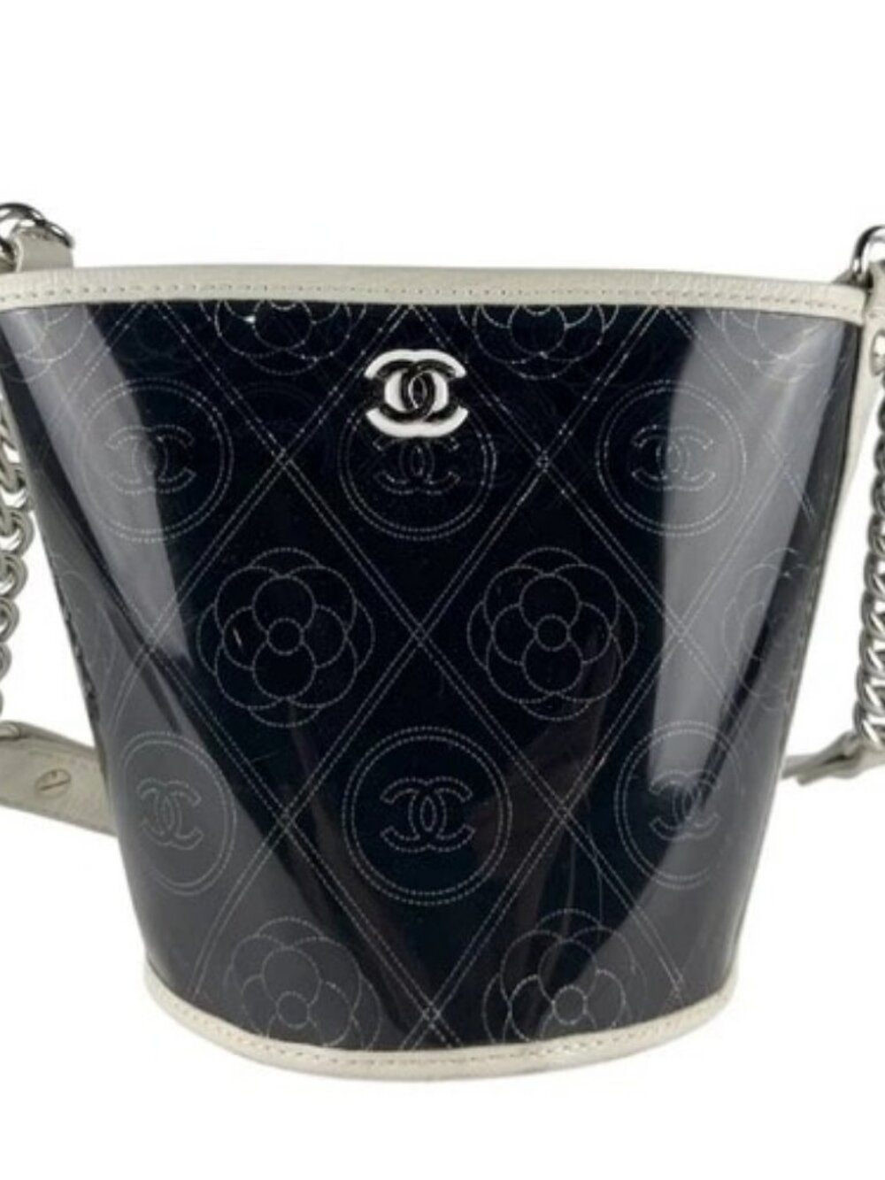 Auth CHANEL Camellia Chain Shoulder Bag Black/White PVC/Leather/Silvertone z8616